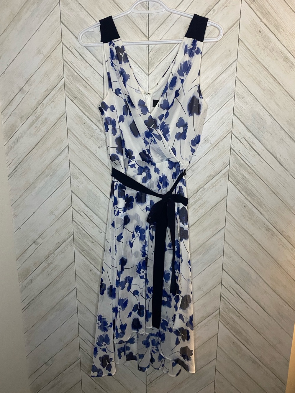 DKNY White Floral High-Low Wrap Dress with Blue Print